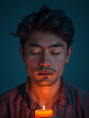 A young man from Nepal, in candle light meditating. 