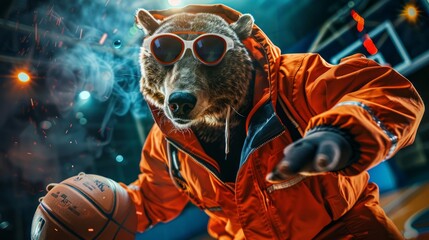 Realistic basketball player bear animal portrait cute dressed bear by generative AI midjourney 6