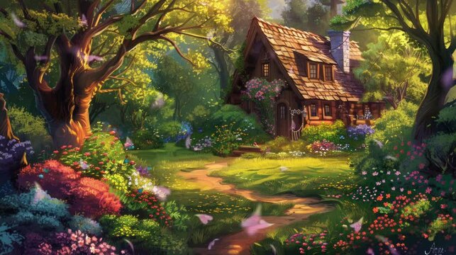 house in the forest at morning. Virtual 4K video animation background with looping time lapse with very smooth graphics.