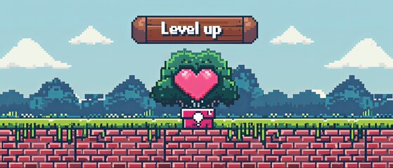A video game level up screen with a tree with a heart on it