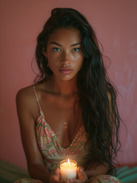 A Magar woman from Nepal, in candle light meditating or praying. 
