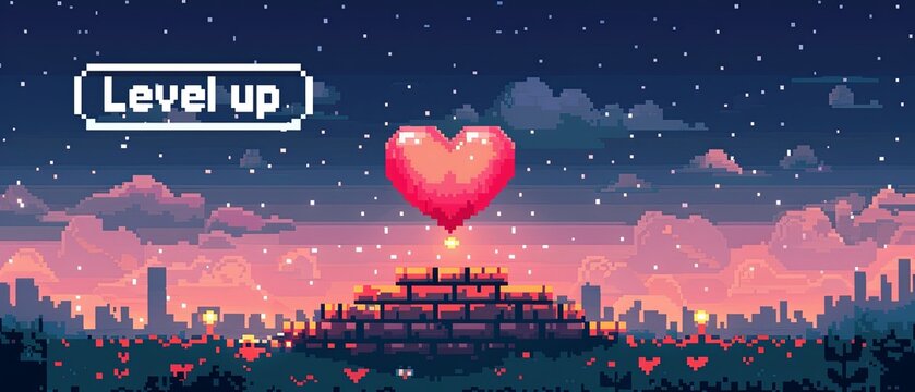 A pixelated image of a heart with the words "Level Up" written below it