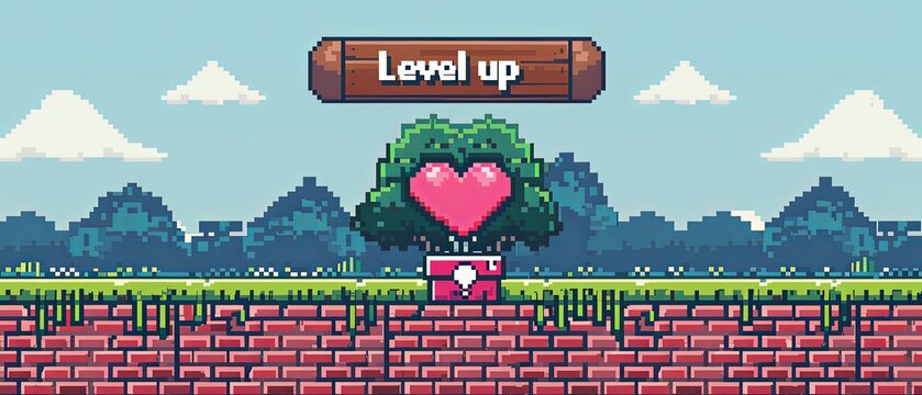A video game level up screen with a tree with a heart on it