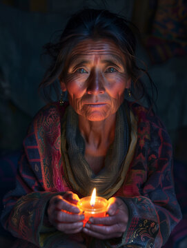 A Magar woman from Nepal, in candle light meditating or praying. 