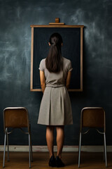Woman standing in front of chalkboard with chalkboard in the back.