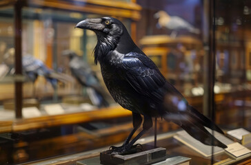 Naklejka premium A taxidermy raven perches in a glass case.