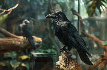 Naklejka premium A large black raven perches on a branch in a dark forest.