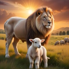 Fototapeta premium Jesus Christ: Lamb of Sacrifice, Lion of Triumph. The duality of Jesus. Lion and lamb in the meadow at sunset. Animal portrait. 