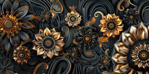 There is a black and gold flower with gold accents on a black background. 