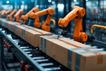 Fototapeta premium Robotic arms in modern automated factory production line for efficient manufacturing