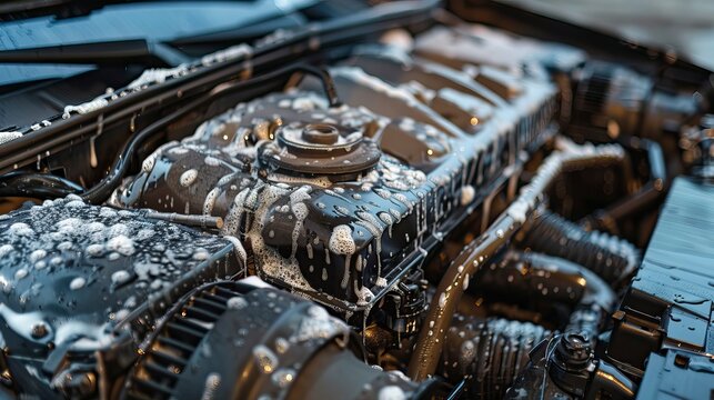 Car engine after washing, concept of car care, poen