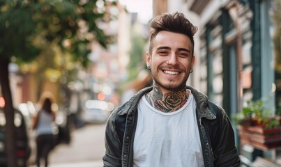 Smiling tattooed young man in casual clothing