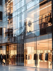Modern shopping mall with transparent glass facade and trendy clothes store