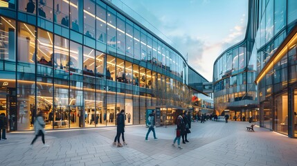Modern shopping mall with transparent glass facade and trendy clothes store