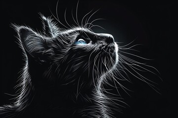 A black cat with bright blue eyes gazes up attentively.