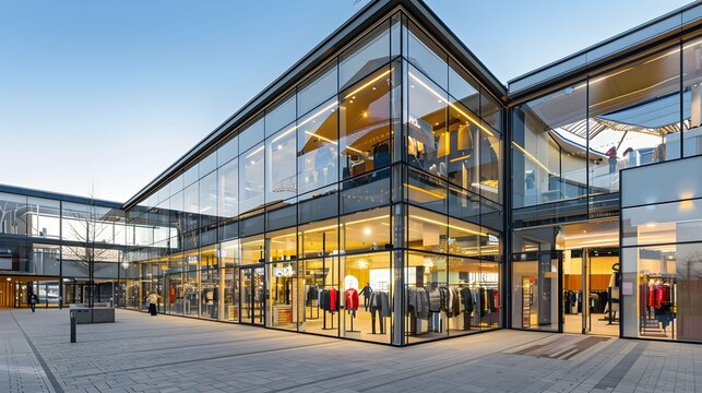 Modern shopping mall with transparent glass facade and trendy clothes store