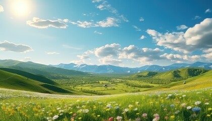 A stunning spring day landscaping views of fertile land surrounded beautiful green vegetation, wide stretches of hills and mountains with clear skies in spring