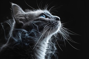 A close-up photo of a fluffy cat with smoke coming out of its mouth. The cat has blue eyes and is looking up at the sky.