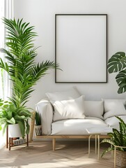 Modern living room interior with a blank poster on the wall, surrounded by indoor plants, photo-realistic style on a natural light background, concept of home decor