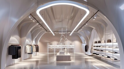 Modern clothing store interior with arched ceiling and hanging lights
