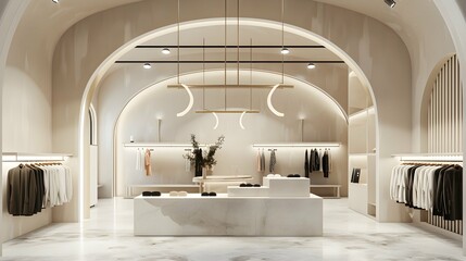 Modern clothing store interior with arched ceiling and hanging lights