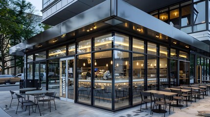 Modern cafe exterior with glass windows, showcasing interior through glass and outdoor seating