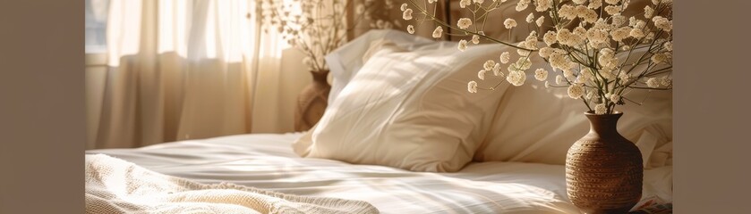  There are three pillows and a vase with flowers on a bed
