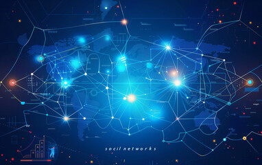 The taxonomy "social networks" abstract vector background with glowing world map, technology concept for global connectivity, data transfer or internet,