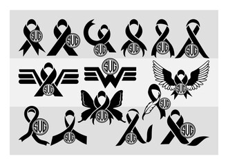 Cancer Ribbon Circle Monogram Svg Silhouette, Cancer Awareness, Breast cancer Svg, Pink Ribbon Svg Cut Files, Cancer Ribbon Wings, Angle Wings, cancer ribbon feather, Circle Monogram