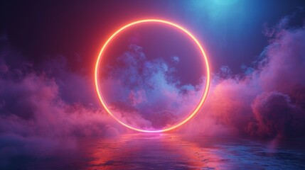 3d render, colorful neon light circle on dark background with fog and cloud. Colorful abstract wallpaper.