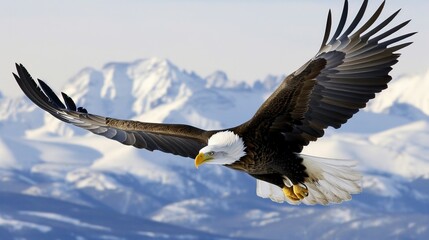 Obraz premium Majestic eagle gracefully soaring over breathtaking mountain scenery in a majestic flight