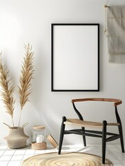 Mockup black poster frame and accessories decor in cozy white interior background