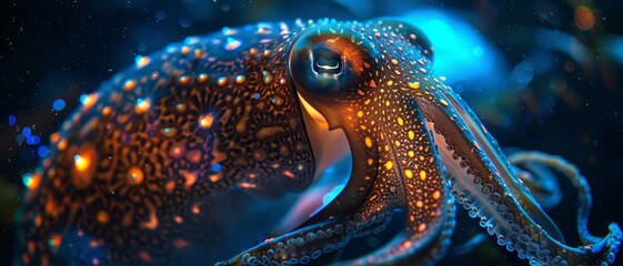 A vibrant bioluminescent cuttlefish glowing with multiple colors, creating a mesmerizing scene in the dark ocean.