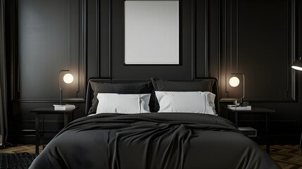 Mock up poster in bedroom interior,Dark room- 3D rendering