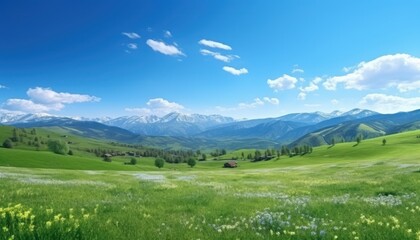 Obraz premium A stunning spring day landscaping views of fertile land surrounded beautiful green vegetation, wide stretches of hills and mountains with clear skies in spring