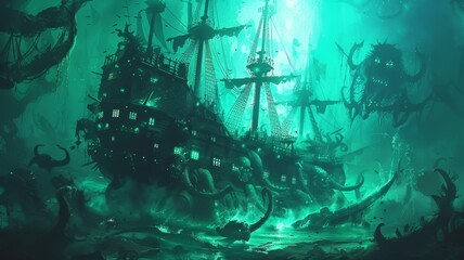 A haunted shipwreck in the deep sea surrounded by monstrous tentacles, creating a dark and eerie scene.