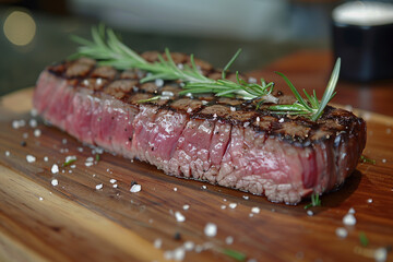medium-rare steak on wooden board garnished with rosemary