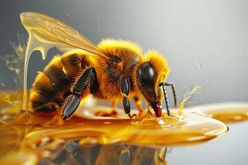 Hyper-realistic depiction of a bee with dripping honey.
