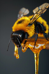 Hyper-realistic depiction of a bee with dripping honey.