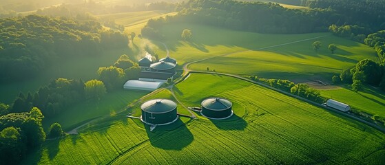 view from above of a farm and biogas facility in lush green pastures. biomass-derived renewable energy