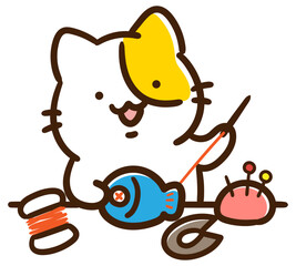 
裁縫をするかわいいねこのキャラクターのデフォルメイラスト
