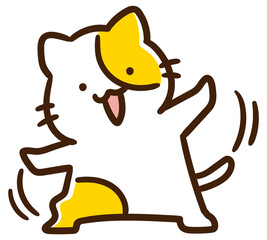 両手を広げて首を傾げるポーズをするかわいいねこのキャラクターのデフォルメイラスト