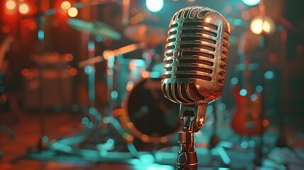 A retro-style microphone rests atop a stand, bathed in the warm hues of stage lighting, while the...