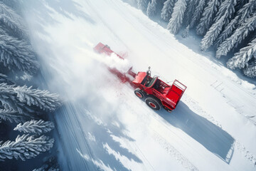 Red tractor is driving through the snow in the woods.