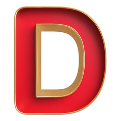 Letter D uppercase . 3D render red letter with golden outline