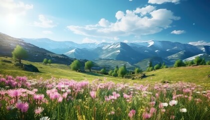 Fototapeta premium A stunning spring day landscaping views of fertile land surrounded beautiful green vegetation, wide stretches of hills and mountains with clear skies in spring