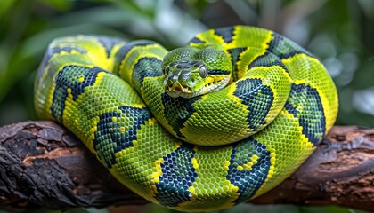 Green anaconda seen resting on a tree branch above the flowing river in its natural habitat