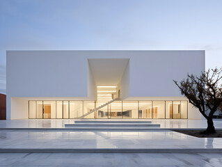 Minimalist White Architectural Building with Stark Details and Open Space Surrounding