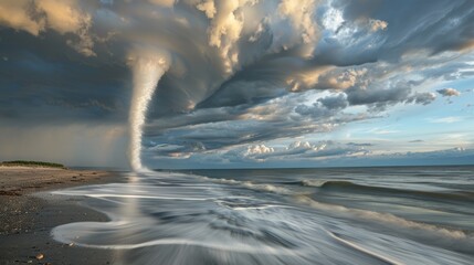 A peaceful beach scene transformed in an instant as a waterspout descends from the sky with...
