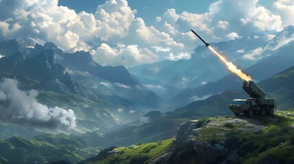 Patriot Missile Defense System Intercepting Ballistic Missile Over Dramatic Mountainous Terrain with Advanced Radar Tracking